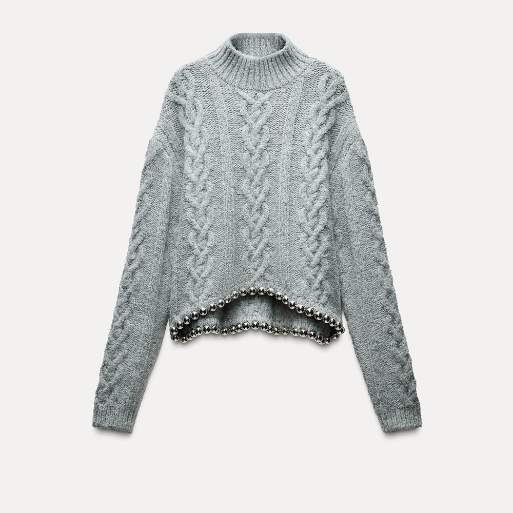 Zara Gray Cowl Neck Sweater with Chunky Cable Knit Design - Picture 4 of 6